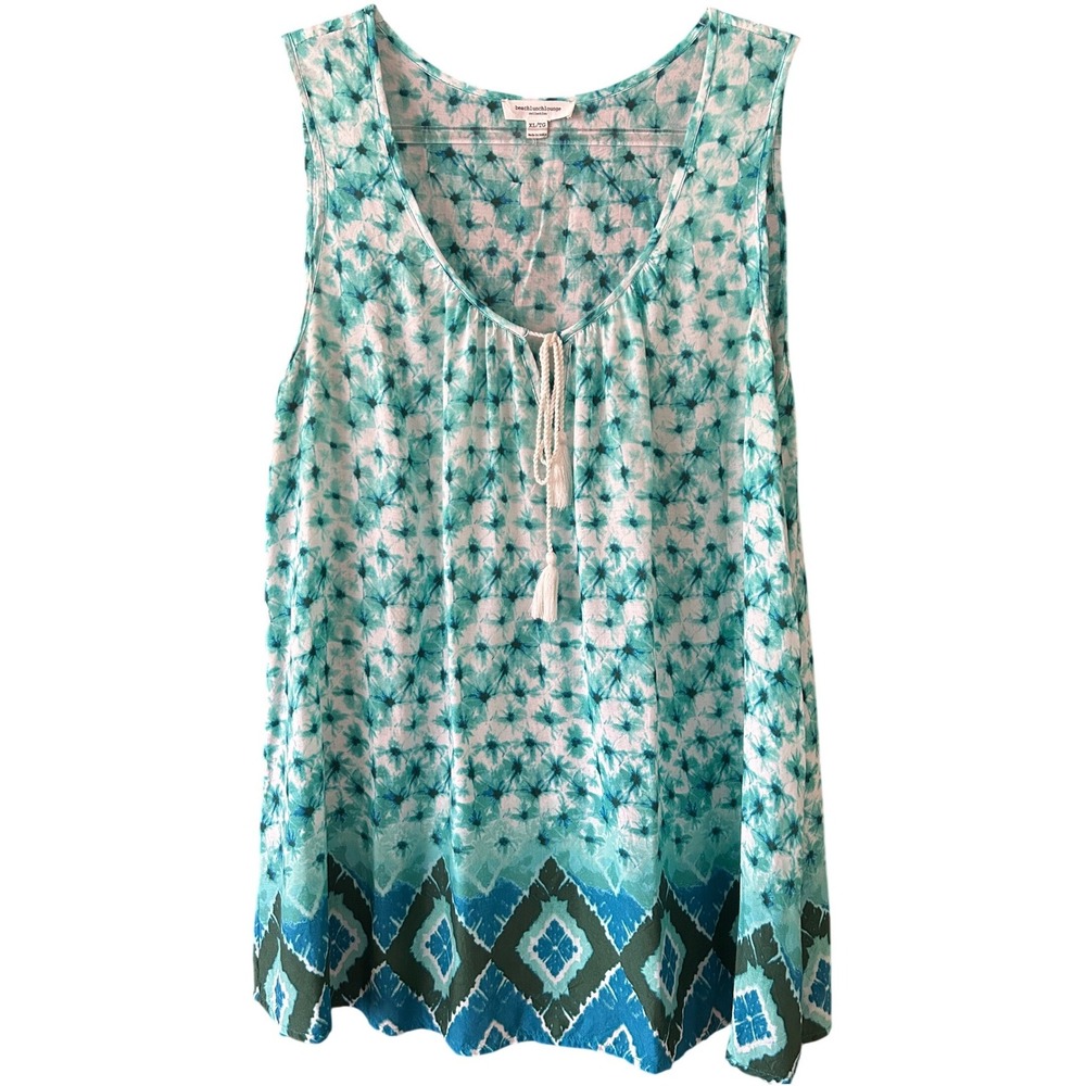 Beachlunchlounge Teal Tie Dye Boho Tassel Tank Top XL Sleeveless Viscose Blouse
